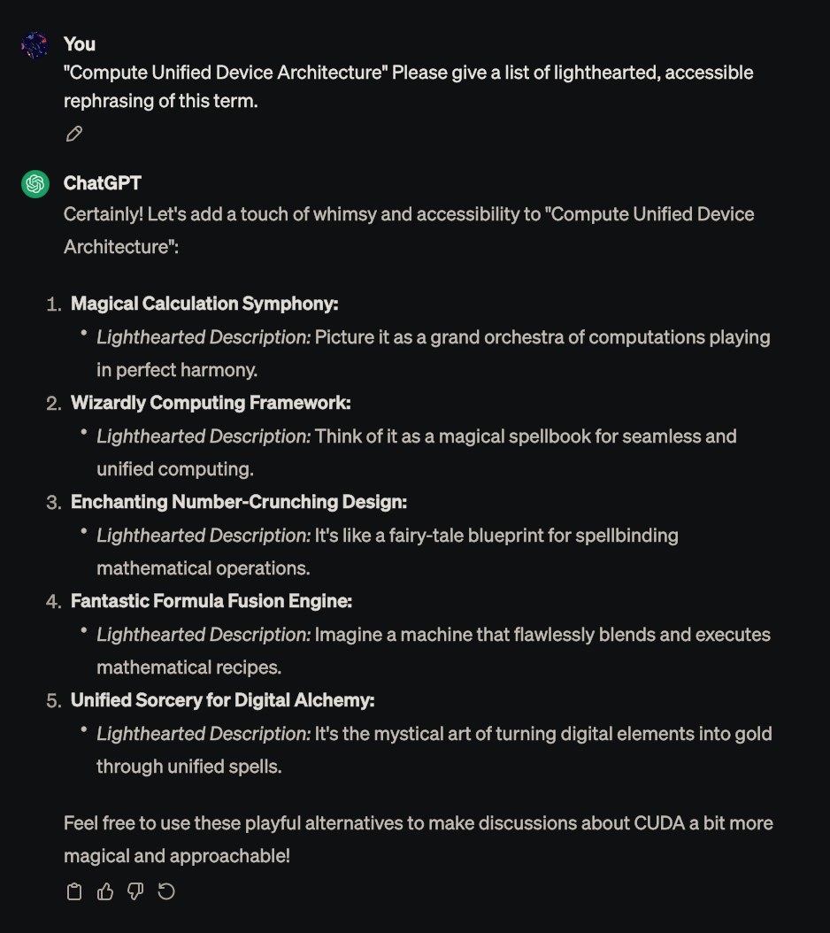 Lighthearted analogies of ChatGPT for Compute Unified Device Architecture