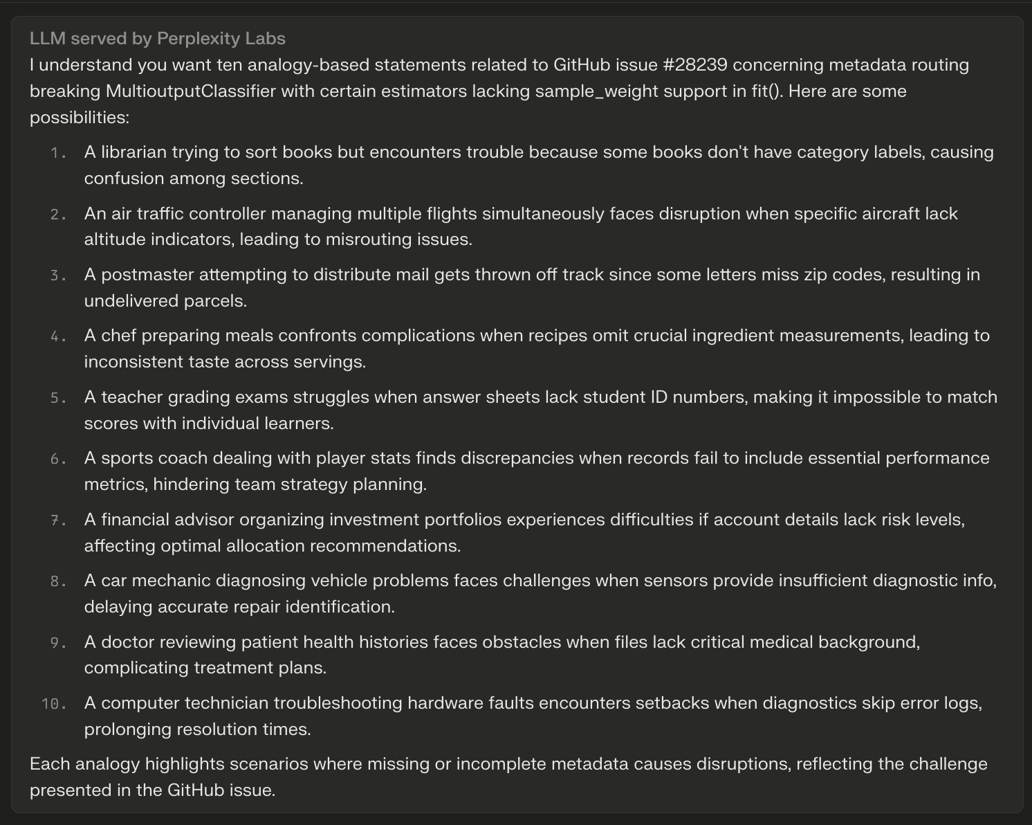 Metadata routing issue analogies by Mixtral bot