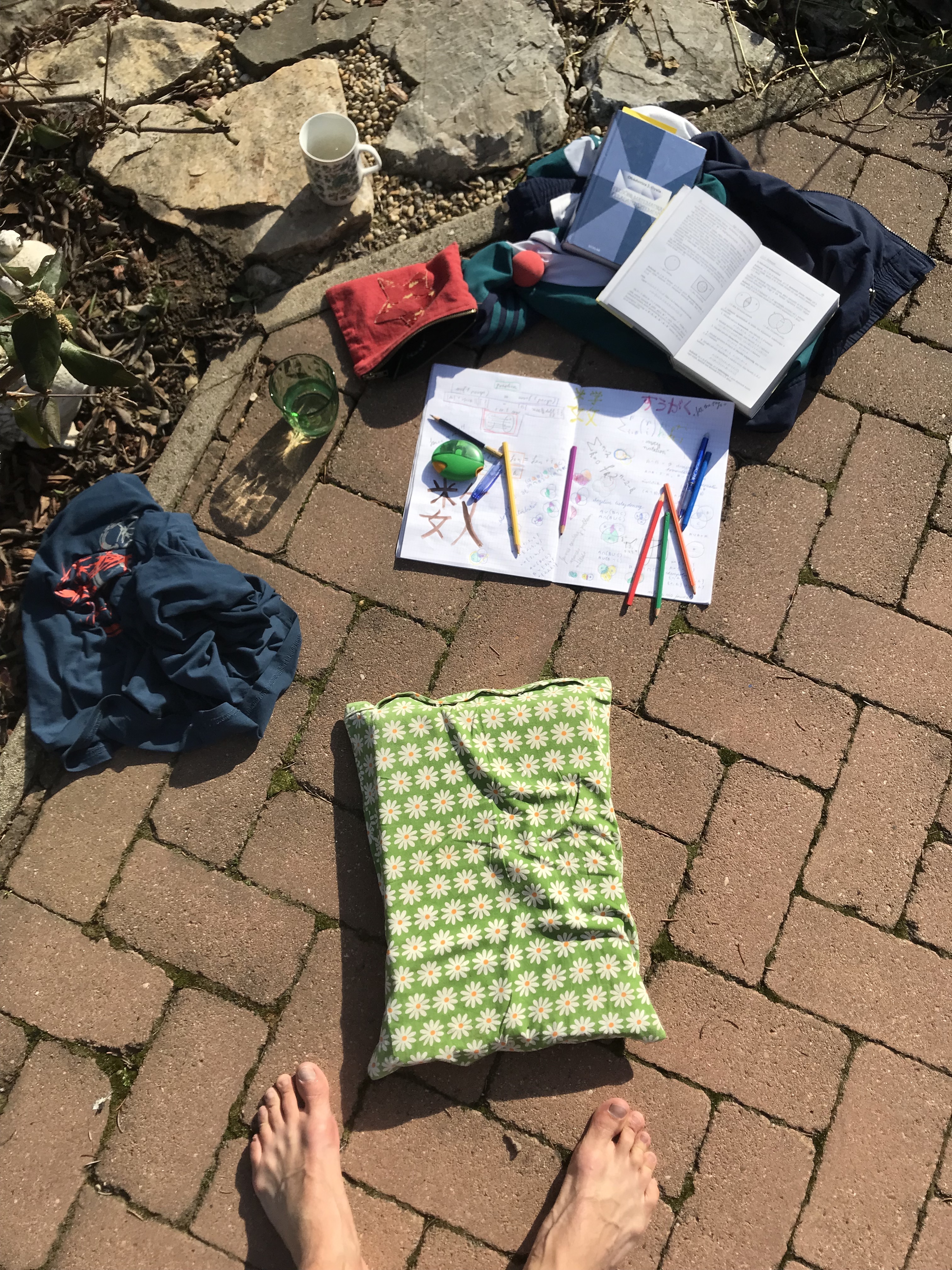 February workspace, with journal, color pencils, soft ball, a pillow/mat for sitting, tshirt, advanced mathematics textbook, coffee cup and glass of water. My bare feet and toes. Sunlight, garden.